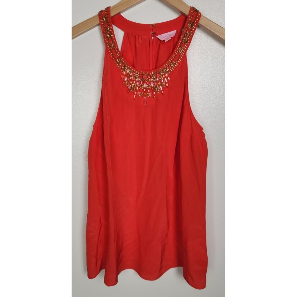 Lilly Pulitzer Women's Sz. S Silk Corsica Coral Beaded Sleeveless Top